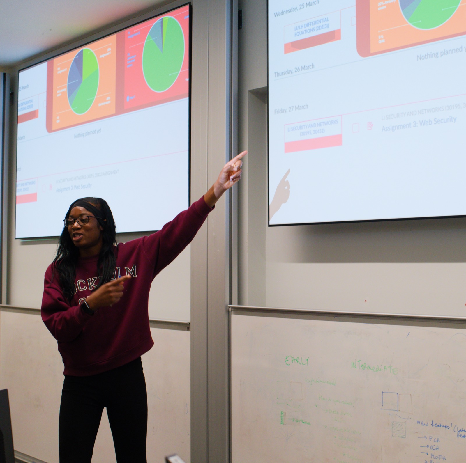 A member pitching with charts projected on two screens